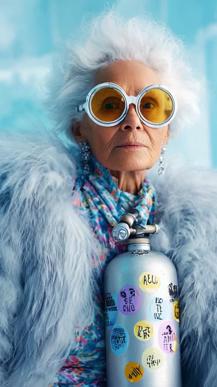 An elegant older woman with stylish accessories, showcasing confidence and individuality while holding a decorative oxygen tank in a vibrant color setting