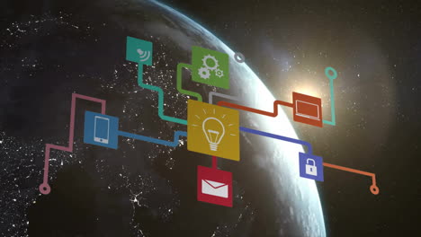 network of technology icons and connections animation over earth from space