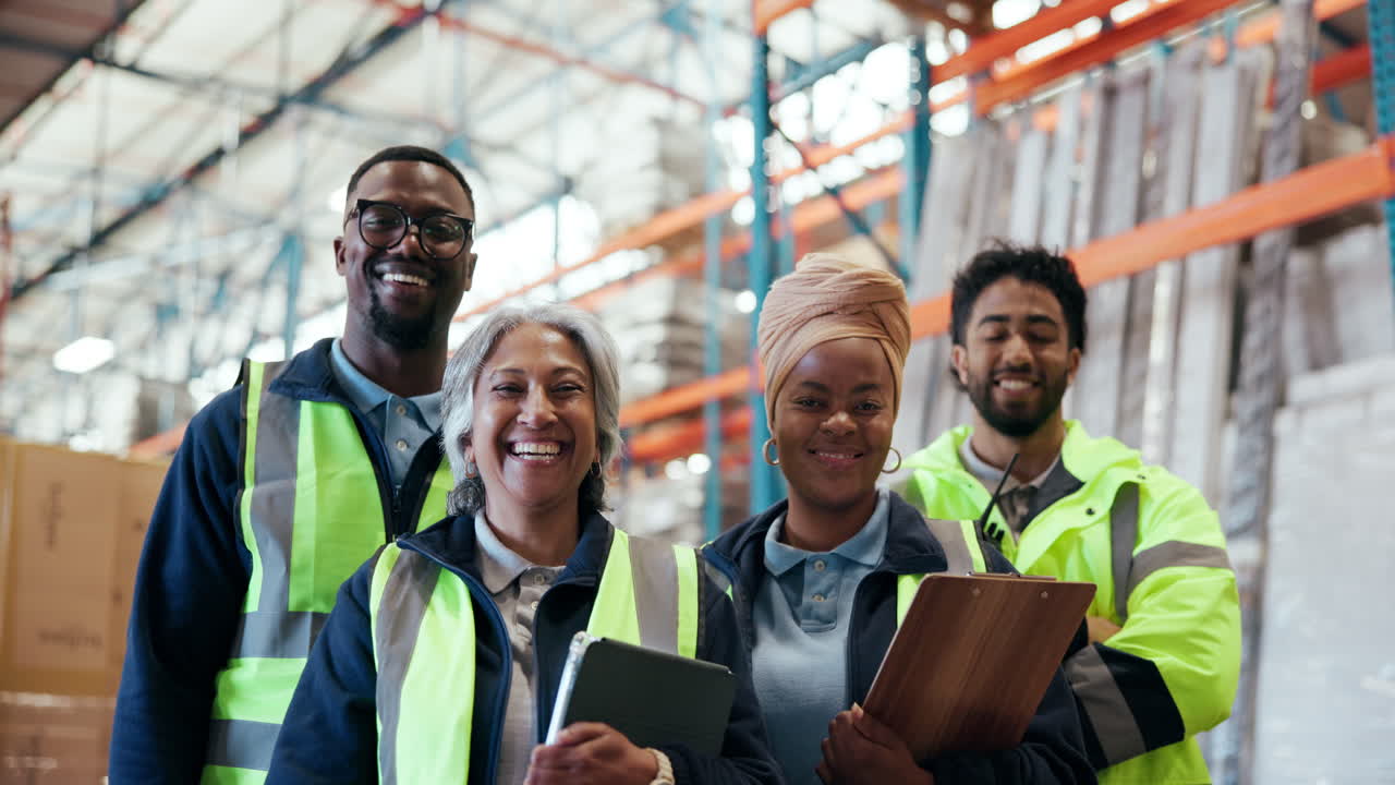 Diverse Group of Happy Warehouse Workers Smiling at Camera