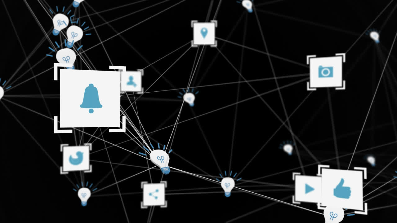 animación digital de la red de bombillas e íconos digitales contra un fondo azul