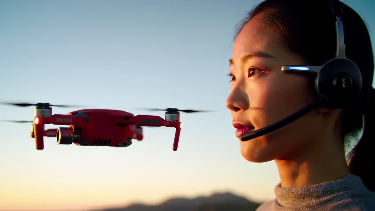 A Futuristic Interaction: A Young Woman Engaged with a High-Tech Drone at Sunset, Showcasing Innovation and Connectivity in Modern Life