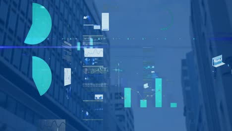 animación del procesamiento de datos estadísticos frente a la vista de edificios altos