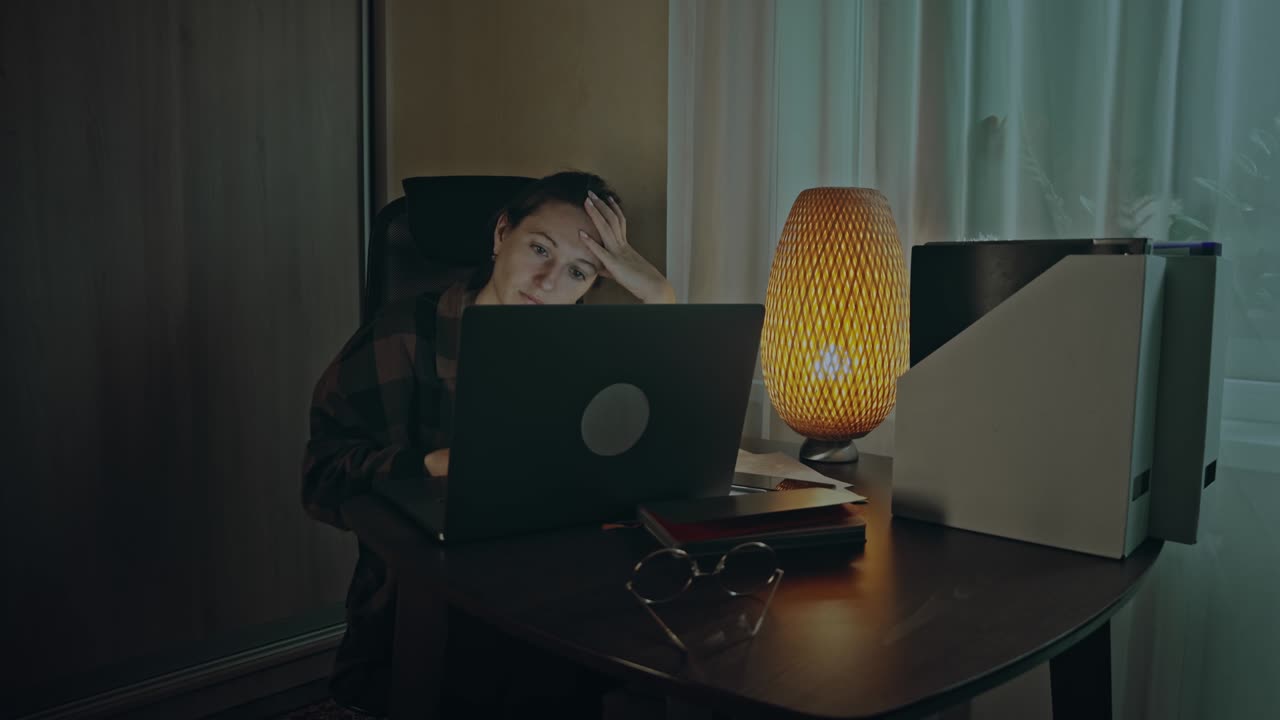 la mujer trabaja en casa hasta tarde en la noche.