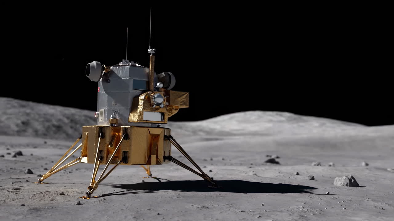 月面上に立つ月着陸船。黒い宇宙を背景にした金色のフォイル製モジュール。4本の着陸脚にはパッドがあり、質感のある描写。