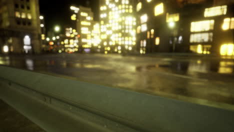 nighttime cityscape illuminated by colorful lights reflecting on wet pavement