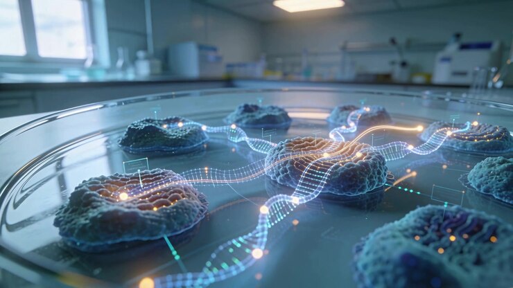 Animating petri dish colonies as data ribbon appearing, weaving across agar at lab bench mapping
