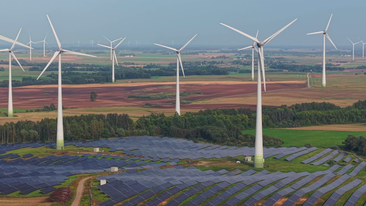 Aerial view of a green energy farm with wind turbines and solar panels generating renewable electricity across scenic agricultural fields
