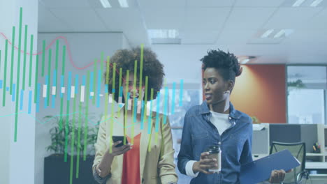 animation of graphs, diverse female coworkers discussing while drinking coffee and using cellphone