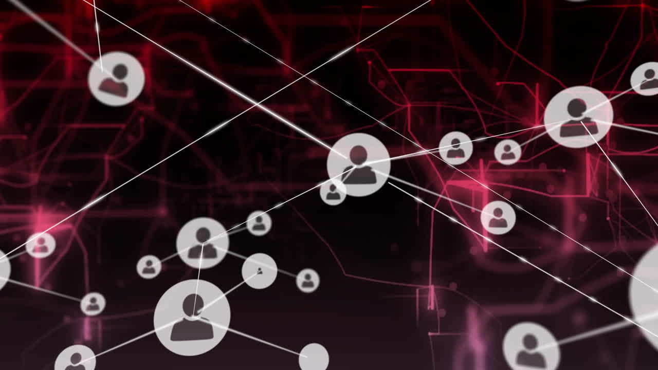 Animation of network of connections with icons over red shapes