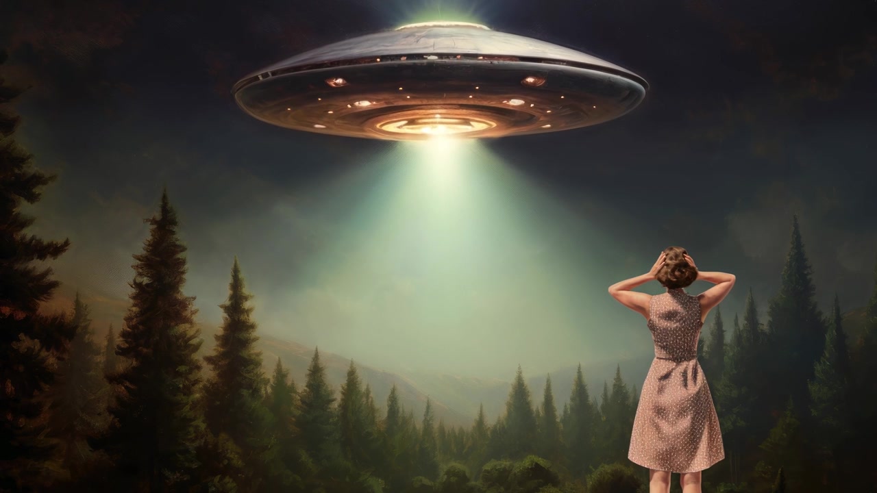 Nainen seisomassa metsässä katsomassa yläpuolella leijuvaa hehkuvaa UFOa