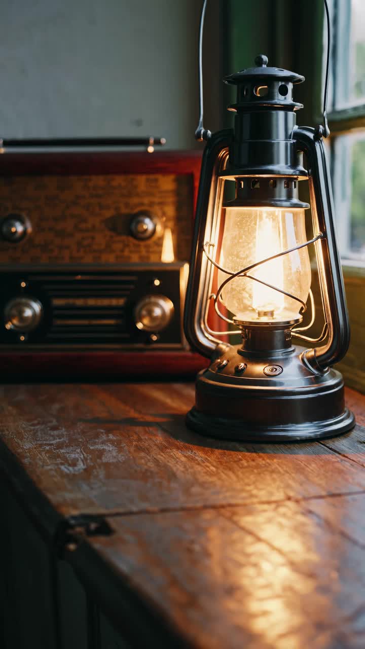 Warm vintage scene with a glowing lantern and retro radio on a wooden table