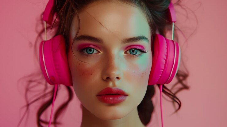 female headshots wearing music headphones and cables generated with AI
