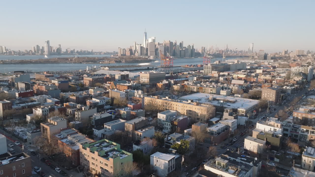 Aerial view of New York City on a winter afternoon. Shot in Red Hook, Brooklyn.