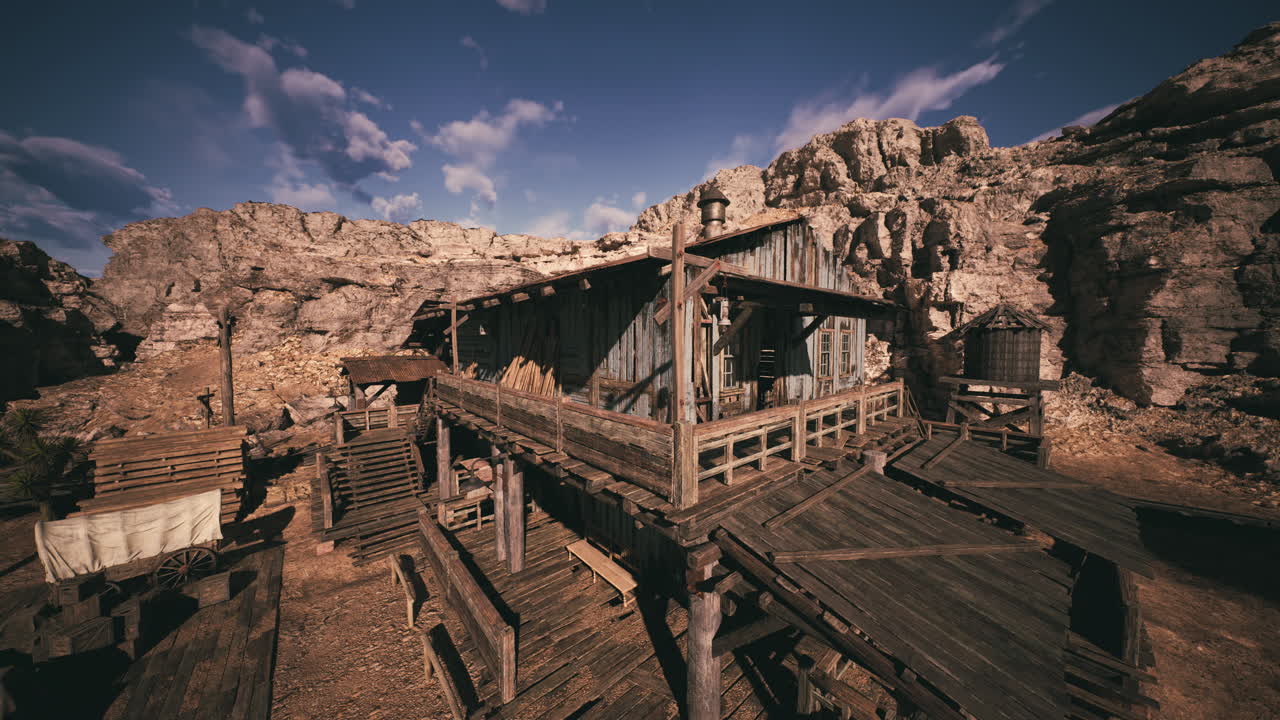 Rustic wooden building nestled among rocky mountains under a clear blue sky