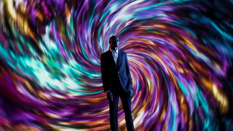 man in suit against a colorful abstract spiral background