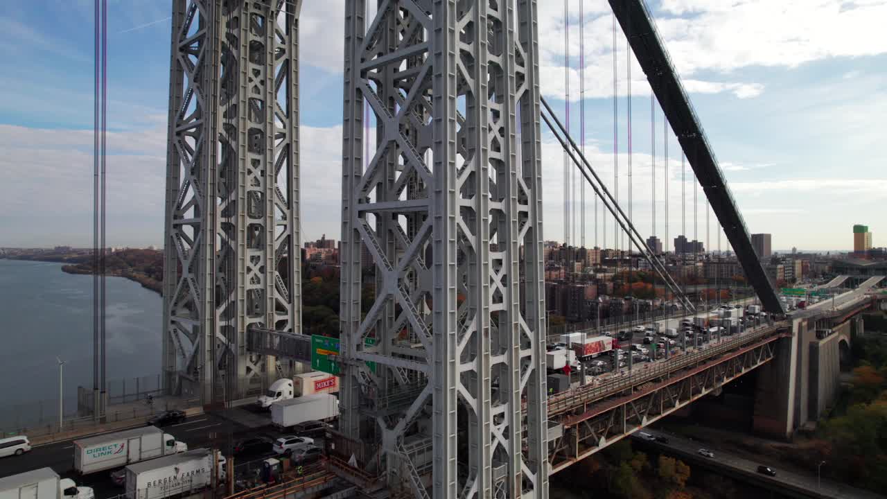 Aerial closeup of steel towers of George Washington Bridge, 4K