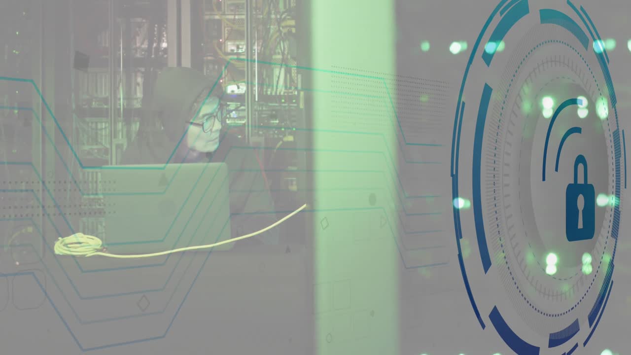 animación del procesamiento de datos sobre un hacker asiático en la sala del servidor