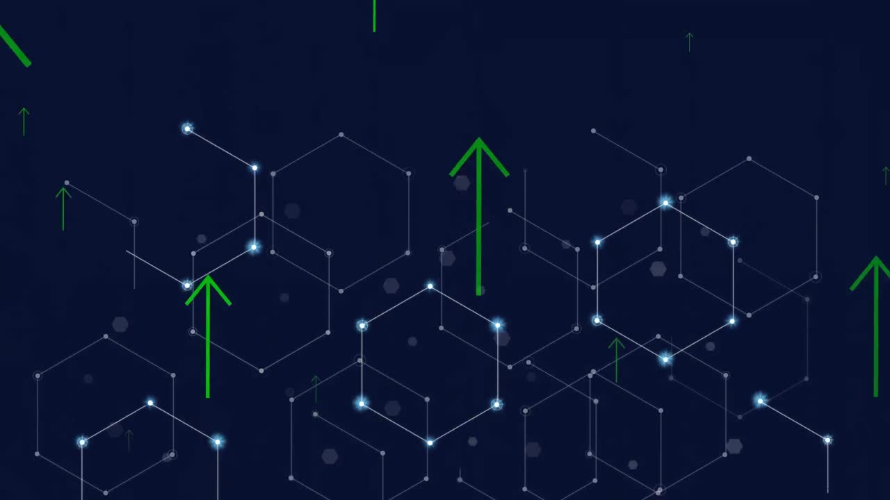 검은색 배경에 육각형을 형성하는 점 위의 화살표의 애니메이션