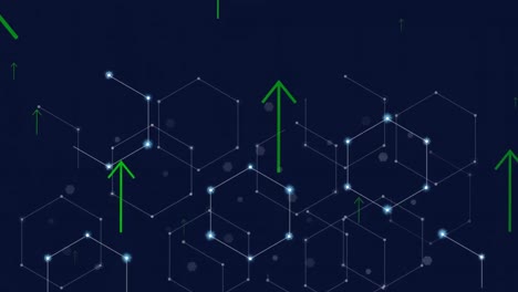 animation of up arrows over dots forming hexagons against black background