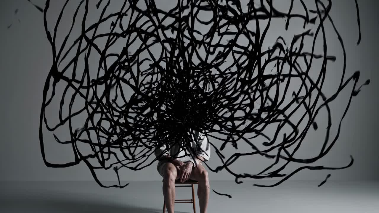 Swirling abstract scribbles engulfing human head, graphically representing mental chaos, psychological overwhelm, and internal emotional struggle with anxiety and stress