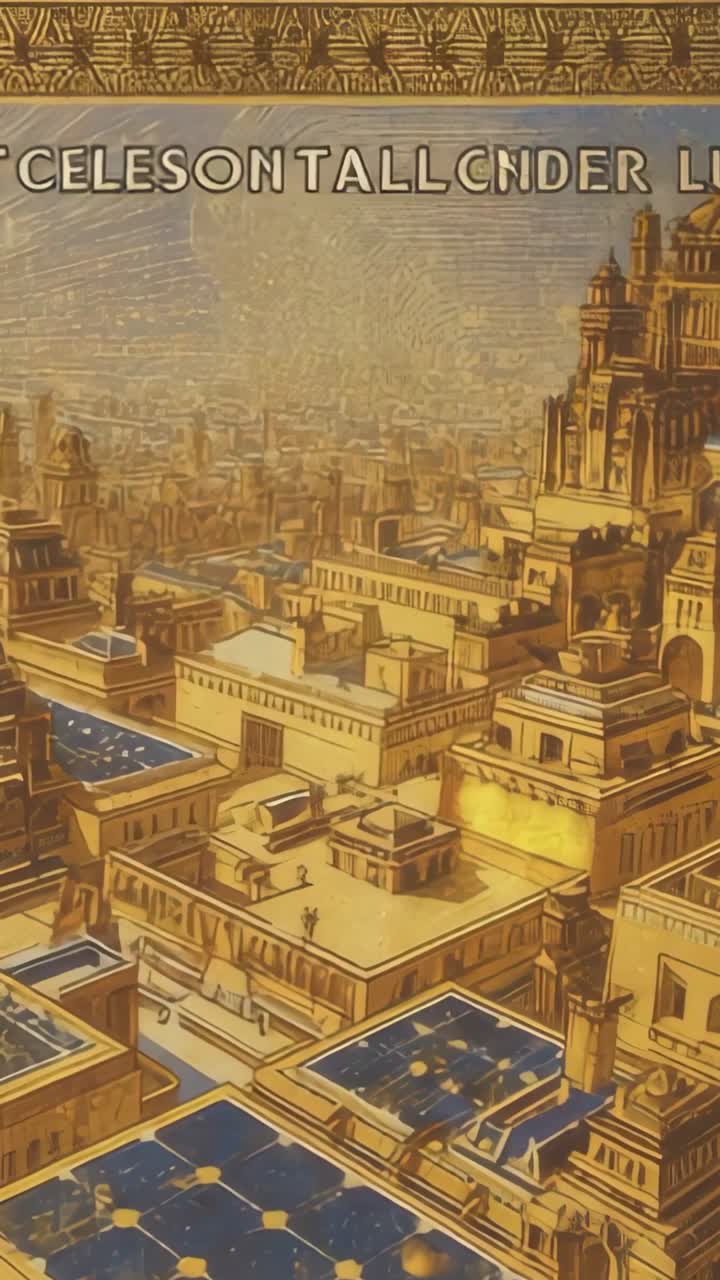 Vertical video: As left edge enters frame camera panning across golden city revealing illustration