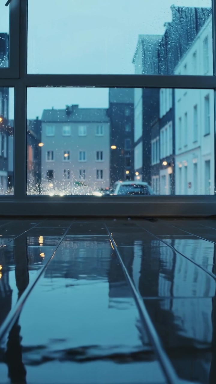 Vertical video: Showing rain falling inside room and wet floor reflecting car headlights and lamps
