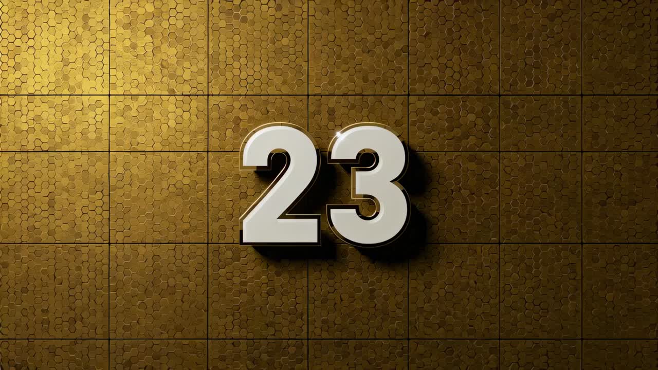 Scaling up and brightening white 3D 23 reacting to warming studio lighting, with gold-tiled wall