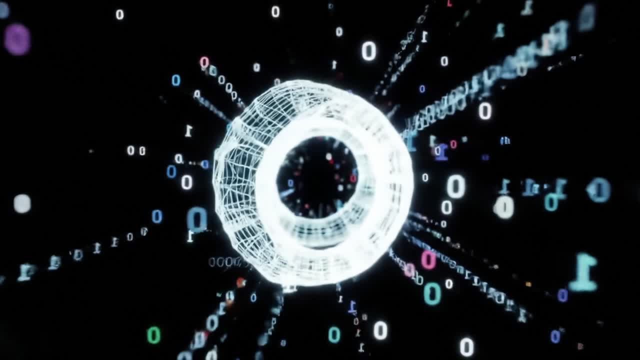 Exploration of Digital Realms: A Visual Journey Through a 3D Sphere of Binary Data and Cybernetic Patterns in an Infinite Space