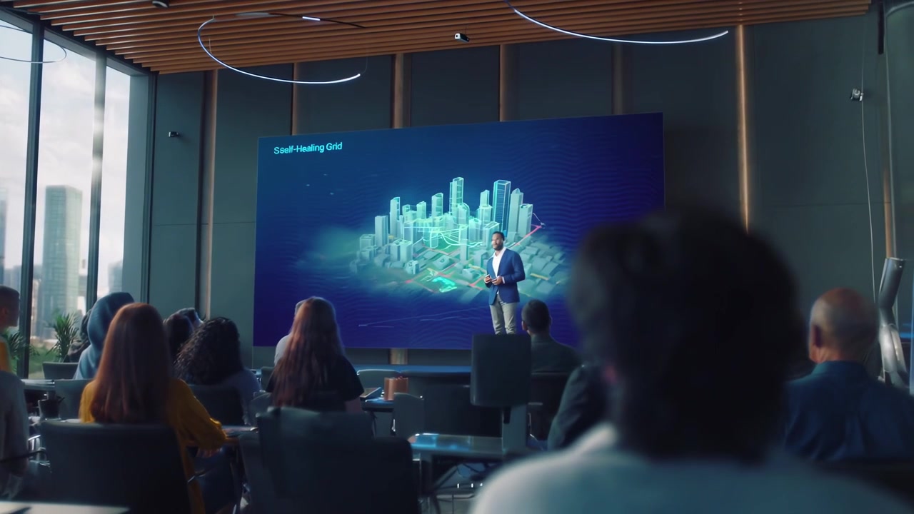 Professional Speaker Presenting Energy Solutions to an Audience in a Modern Conference Room