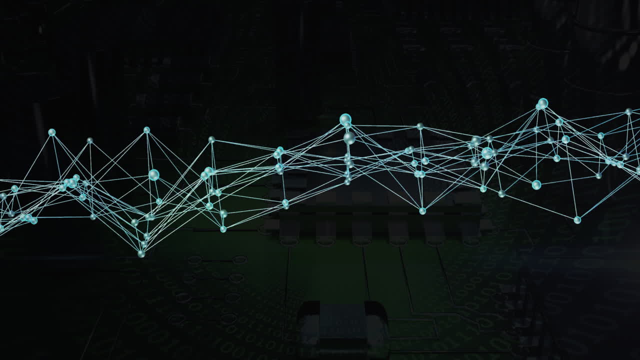 Network of connections and data processing animation over circuit board