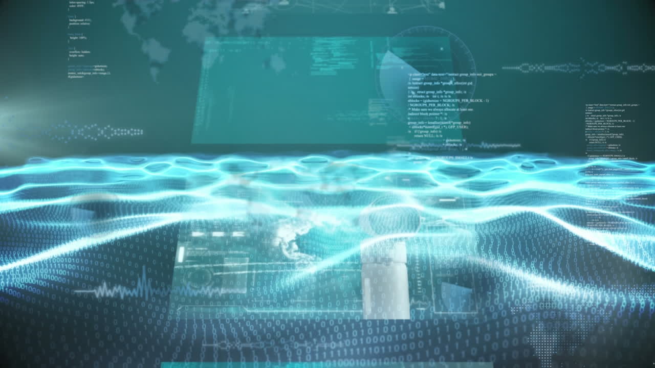 파동으로 녹색 디지털 공간에서 디지털 화면에 있는 애니메이션 od 데이터