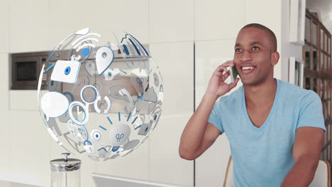 animation of media icons over african american businessman talking on smartphone