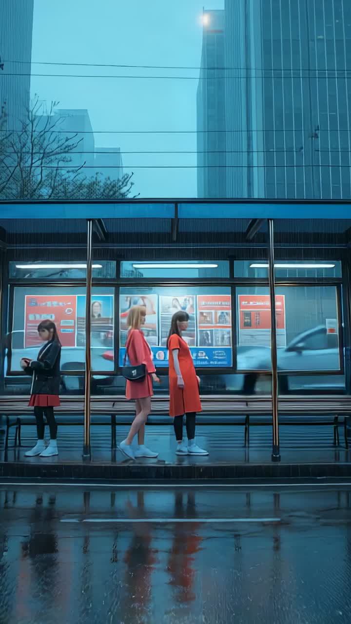 Vertical video: Glancing up, smartphone woman catching bus while women shifting purses at bus stop