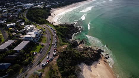 aerial view of norries beach in tweed coast rd, bogangar, nsw, australia - drone shot