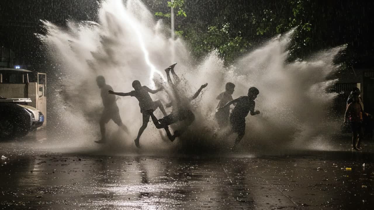 Joyful Youth Embracing Adventure in Heavy Rain, Splashes Creating a Playful Atmosphere in the Night, Evoking Laughter and Freedom Amidst Nature's Fury
