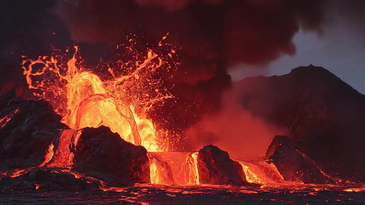 Powerful Volcanic Eruption with Molten Lava Spraying into the Sky