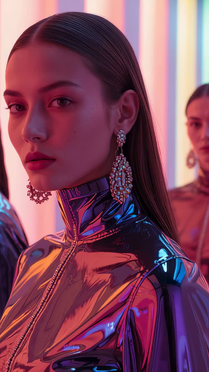 Vertical video: Zooming camera filming model posing in studio, showing metallic top and earrings