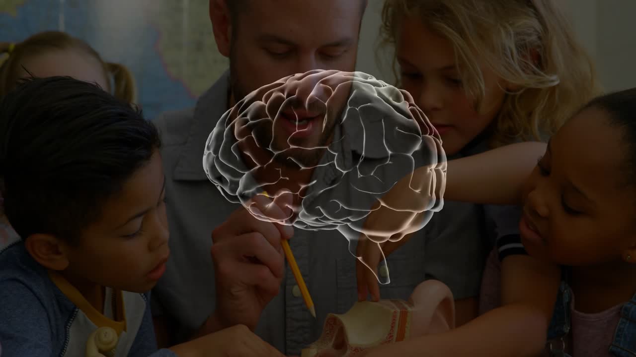 Teacher guiding kids at skull in class 3D brain appearing while teacher pointing showing anatomy