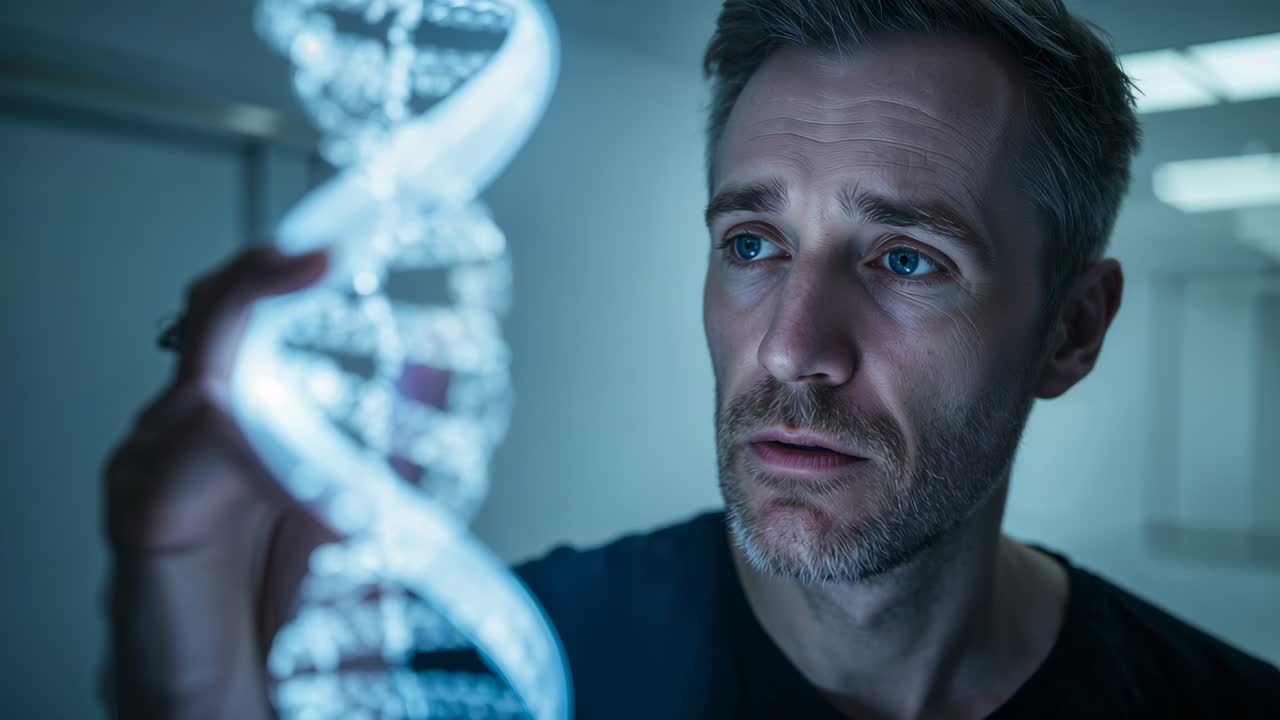 Ricercatore con elica di DNA luminosa in mano, appoggiato e intento a studiarla in laboratorio, con anello