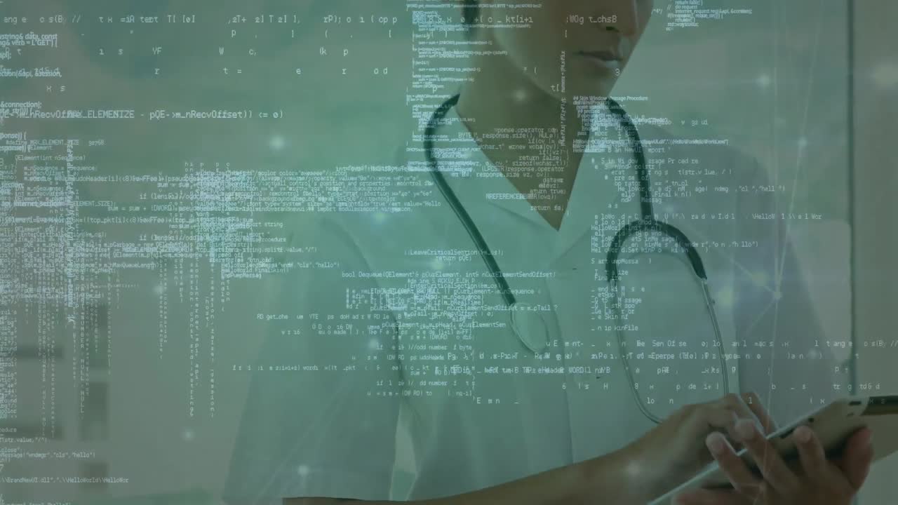 Animation of network of connections over biracial female doctor using digital tablet at hospital