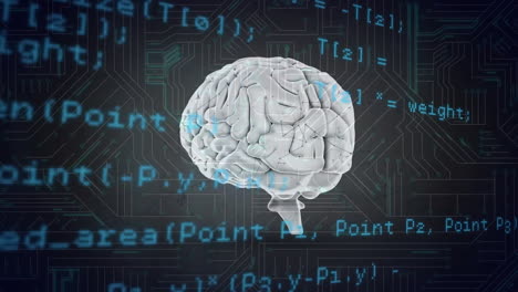 animación de un cerebro digital con procesamiento de datos a través de una placa de circuitos informáticos sobre un fondo negro