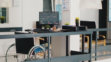 wheelchair in inclusive accounting department office with analysis on laptop