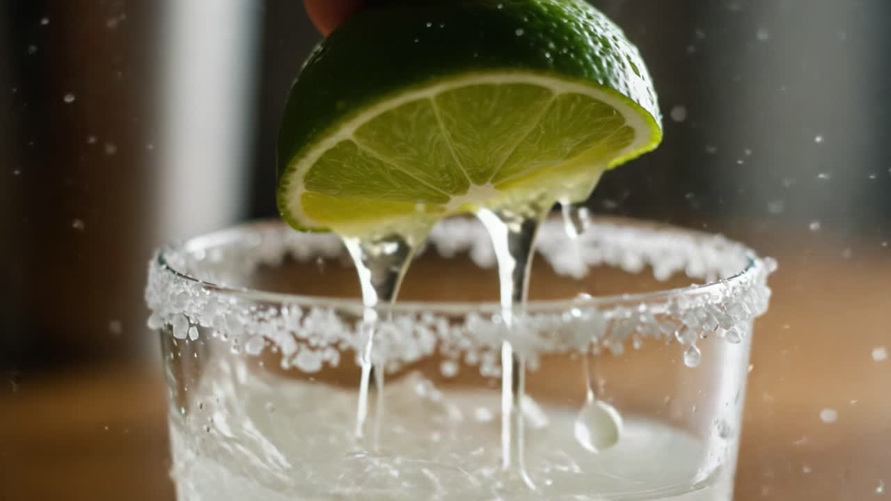 Refreshing Citrus Splash: Squeezing Fresh Lime Over a Salt-Rimmed Glass to Create the Perfect Drink Experience with Crystal-Clear Liquid and Zesty Flavor