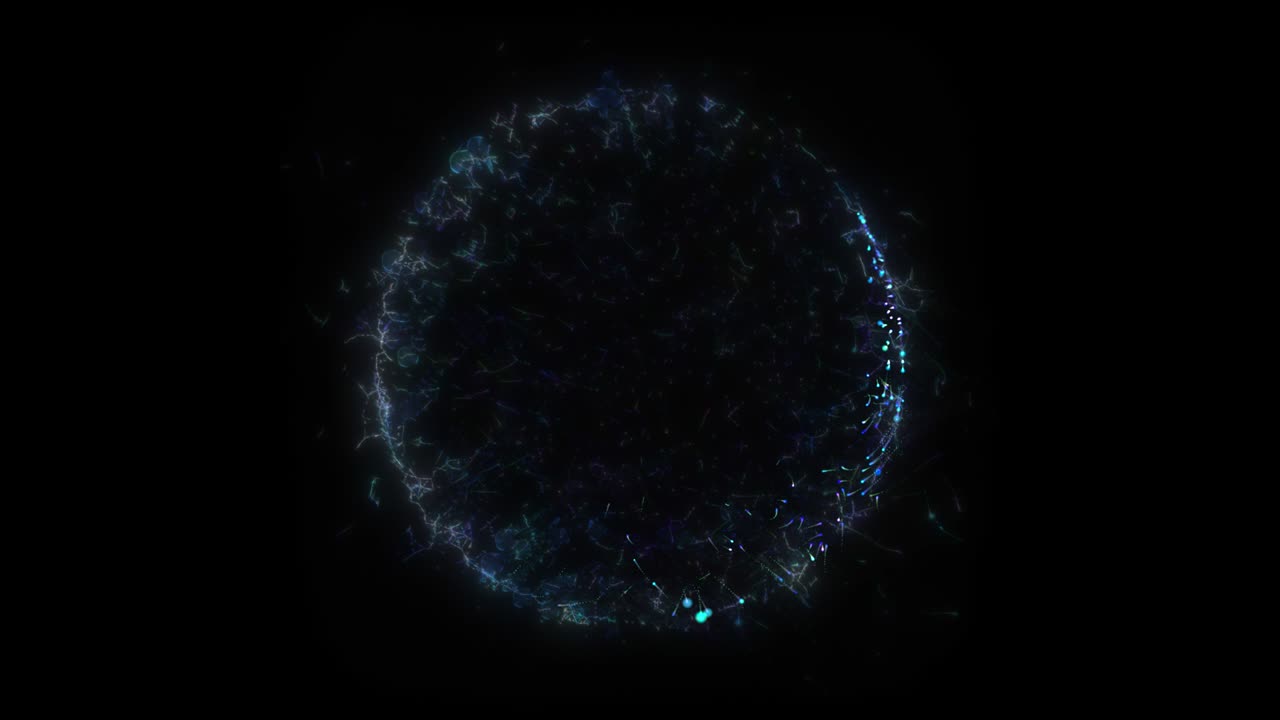 Seamless loop. Animation of a blue circle portal, consisting of particles and bursts of energy, isolated on black background with alpha luma matte