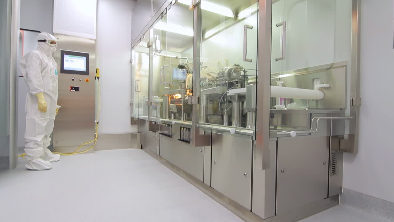 Products manufactured include pharmaceutics, semiconductors, and biotechnology. Scientist wears protective clothing while being inspected by an inspector, ensuring optimal preservation conditions.