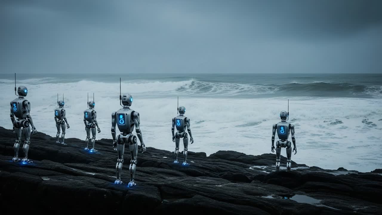 A Group of Futuristic Robots Stands by the Stormy Sea, Observing the Power of Nature on a Gloomy Day, Capturing the Intersection of Technology and Environment