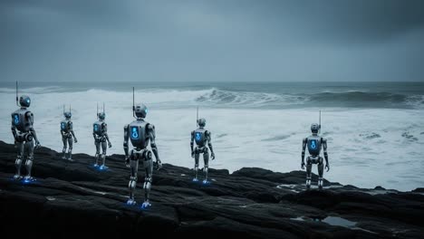 a group of futuristic robots stands by the stormy sea, observing the power of nature on a gloomy day, capturing the intersection of technology and environment