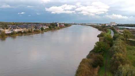 High-angle-longshot-of-Antwerp-Belgium-next-to-the-river-Schelde