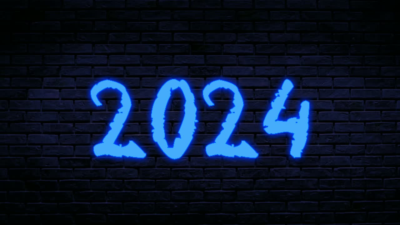 número 2024 animación de neón azul gráficos de movimiento en el fondo de la pared de ladrillo