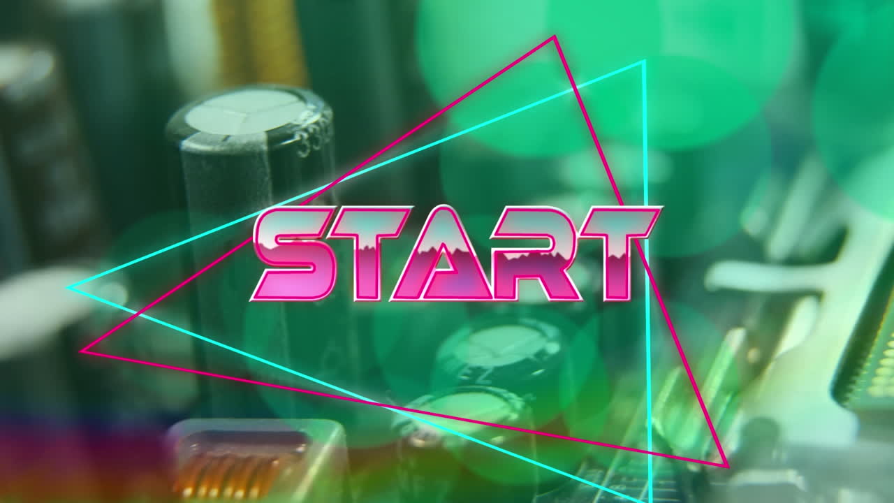 Animation of pink metallic text start, over neon lines, on green computer motherboard